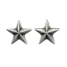 two silver star shaped studs on a white background, one is facing the camera