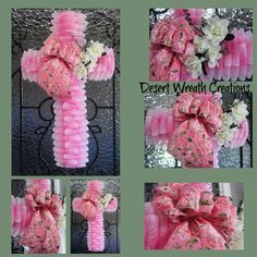 pink and white crocheted cross with flowers