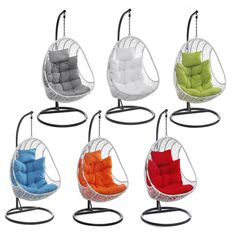 four hanging chairs with different colored cushions on each chair and one in the same color