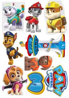 the paw patrol stickers are all in different shapes and sizes, with numbers on them