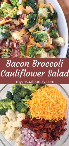 broccoli and cauliflower salad in a bowl with cheese on the side