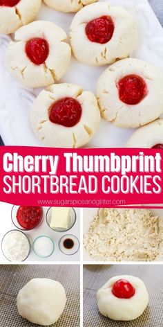 cherry thumbprint shortbread cookies are ready to be baked and put in the oven