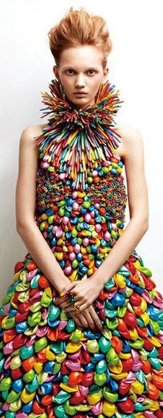 a woman in a colorful dress made out of candy