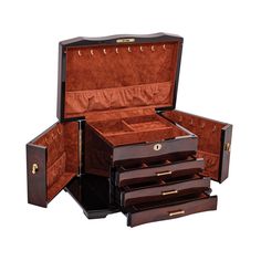 an open brown leather jewelry box with three drawers and gold hardwares on the inside