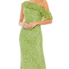 Mac Duggal Fully Lined Through Body Asymmetric Neckline Ruffled Drop Shoulder Concealed Back Zipper Approx. 62.5" From Top Of Shoulder To Bottom Hem Available In Key Lime (Bright Green) Style #5611 Bust: 44" Waist: 38" Hips: 47" **New Without Tags** Green One Shoulder Cocktail Gown, Green One Shoulder Gown For Cocktail, Green One-shoulder Gown For Cocktail, Green One-shoulder Gown For Spring, Green One-shoulder Spring Gown, Glamorous Green Cocktail Gown, Spring Gala Green Evening Dress, Green Spring Evening Dress For Gala, Green Spring Evening Gown