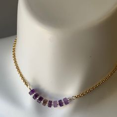 "Amethyst bar chain necklace/ Amethyst bar choker/ aesthetic necklace/ minimalist choker/ minimalist jewelry/ handmade jewelry This beautiful Amethyst necklace is made with  rondelles that are hand wired wrapped to a Rolo gold plated chain creating this one of a kind short necklace.  This necklace is 14.5 \"  This necklace is also part of a triple set, could be also found in our Etsy shop.  A great chain to layer with other chains or necklaces.  This is a great gift for yourself or a loved one Chain Necklace Aesthetic, Choker Aesthetic, Goddess Hathor, Silver Goddess, Aesthetic Necklace, Minimalist Chain, Jewelry Layering, Necklace Aesthetic, Egyptian Necklace