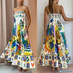 Orcajump - Sleeveless Cami Graffiti Print Maxi Dress with Flared Hemline Graffiti Prints, Types Of Skirts, Printed Maxi Dress, Types Of Collars, Types Of Sleeves, Graffiti, High Waist, Maxi Dress, Sleeve Length