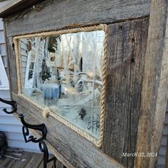 Rustic Vintage Deer Scene Mirror Etched Barnwood Framed Rope Trim Metal Coat Hat Hooks  This may be handmade and what a find!  A beautifully etched mirror in a deer scene.  It is framed with a barnwood frame.  The mirror is rimmed with heavy rope around it.  It also has three cast iron hooks to hang your coats or hats.  It is heavy so make sure to hang it on studs in your walls.  What a neat looking mirror to put up in your rustic home, ranch, cabin, cottage, lodge, or resort!   1559 This is a fragile item which can easily break.  Extra large boxes and extra packing is used to protect the item from breakage.  This will make the shipping costs more expensive.  But we want your product to arrive unbroken.    Measures   34 1/2" Wide by 23" High by 5 1/2" Deep. Zoom into all pictures as this i Cottage Lodge, Deer Scene, Ranch Cabin, Etched Mirror, Cast Iron Hooks, Cabin Cottage, Hat Hanger, Barn Board, Hat Hooks