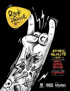 an advertisement for rock and roll festival with a drawing of a hand holding a guitar picker