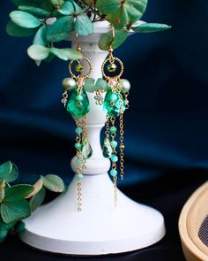 Emerald Dangle Earrings Gift, Green Jewelry With Dangling Charms As Gift, Green Jewelry With Dangling Charms For Gift, Handmade Emerald Earrings For Gift, Handmade Emerald Earrings As Gift, Emerald Dangle Jewelry For Gifts, Artistic Green Dangle Jewelry, Green Topaz, Beaded Earrings Diy