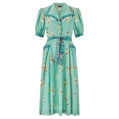 This 1970s does 1940s summer dress is by celebrated British designer Jeff Banks. The influential designer was a pivotal member of the swinging 60s London fashion scene when he cofounded 'Clobber' in Blackheath Village, London, in 1964. The boutique carried both his own designs and the work of other designers and attracted celebrities such as Terence Stamp and Jean Shrimpton, Twiggy and some of the Beatles. It proved such a success that in 1969, he launched his own fashion label, opening the firs Seafoam Green Dress, 60s London, 1940s Summer, Terence Stamp, Fashion Souls, Jean Shrimpton, Swinging 60s, Dress With Floral Print, Department Stores