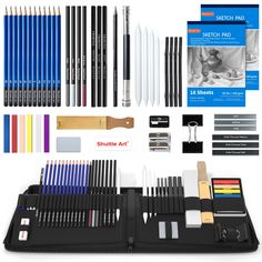 an assortment of art supplies including pens, markers and pencils