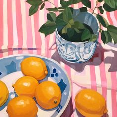 a painting of lemons on a plate next to a bowl of oranges and a potted plant