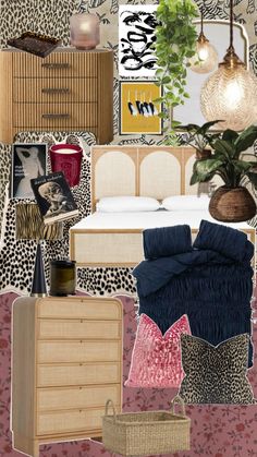 a collage of photos and furniture with animal prints on the walls, bedding, lamps, and pillows