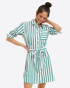 Carly Shirtdress in Bold Green Stripe – Draper James Turtleneck Midi Dress, Colorful Outfit, Tent Sale, Circle Dress, Casual White Dress, Ponte Dress, Draper James, Chambray Dress, Stretchy Dress