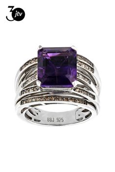 4.68ct rectangular octagonal African Amethyst with .36ctw round champagne diamond rhodium over sterling silver ring. Measures approximately 0.41"L X 0.48 "W. Not Sizeable. Black Rhodium Faceted Asscher Cut Fine Jewelry, Purple Baguette Cut Rings For Formal Occasions, Rectangular Amethyst Ring For Formal Occasions, Rectangular Amethyst Ring For Formal Events, Elegant Amethyst Ring With Rectangular Stone For Formal Occasion, Square Cut Amethyst Ring For Formal Occasions, Rectangular White Gold Ring With Accent Stones, Elegant Octagon Amethyst Ring For Formal Occasions, Formal Fine Jewelry Rings With Rectangular Stone