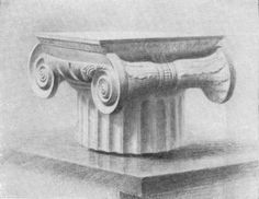 an old drawing of a vase on a pedestal with two large scrolls sticking out of it