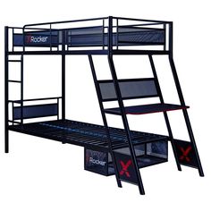 a black metal bunk bed with two red x signs on the bottom and one blue