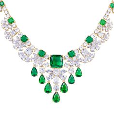 This charming collection is perfect for a special occasion. A cascade of ice white and vivid green gems shimmer across your neckline and sparkle from your earlobe. Just over 80 carats of these delightful signature Diamondeau®, the supreme diamond alternative, in classic cushion, pear and round cuts are handset into this piece. The luxurious 18ct yellow finish completes the look of this superb collection Layered Diamond Necklace, Emerald Cut Engagement Rings Vintage, Classic Cushions, Bridal Diamond Necklace, Dainty Diamond Necklace, Solitaire Necklace, Diamond Alternatives, Necklace Bridal, Diamond Solitaire Necklace