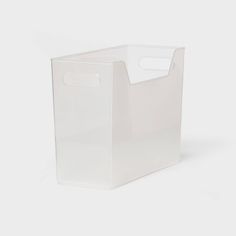 a clear plastic storage box with handles on the front and bottom, sitting upright against a white background