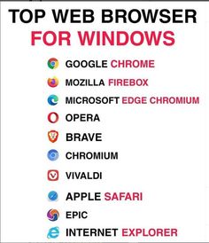 the top web browsers for windows are shown in red and black, with different icons