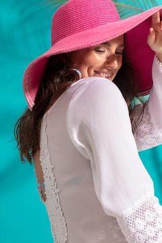 Pastunette Beach 'tunic style' pure white, long sleeve holiday cover-up with tassle front tie with loop hole back, pretty embroidered sleeves with bobble detail trim - Look pretty & just perfect for Summer! Beach Tunic, Embroidered Sleeves, Beachwear Fashion, White Beach, Enjoy The Sunshine, Tunic Style, Tunic Styles, Beach Walk