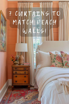 a bedroom with pink walls and white bedding has the words, 5 curtains to match peach walls