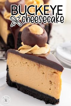 a piece of cheesecake with chocolate and peanut butter on top is sitting on a plate