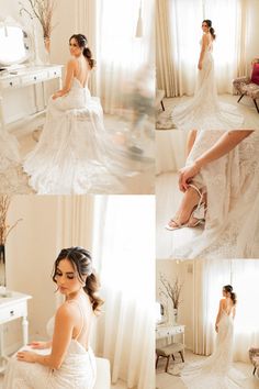 the bride is getting ready for her big day in her wedding dress and high heels