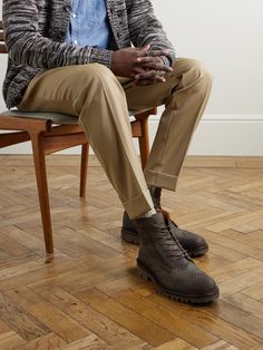 DESIGNED BY MR PORTER. Brogues were favoured by land-workers in the 19th century, though now they're more common in a semi-formal environment. Inspired by traditional pairs, Mr P.'s boots are made from vintaged, waxed-leather and set on Vibram 'Commando' soles. Take them to the cobbler when the treads eventually wear down. The Cobbler, Mr P, Brogue Boots, Leather Brogues, Boots Uk, Summer Sunglasses, Boots For Men, Loungewear Shorts, Cobbler