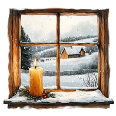 a window with a lit candle in front of it and a snowy scene outside the window