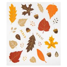 autumn leaves and acorns are arranged on a white paper with gold, orange, and brown accents