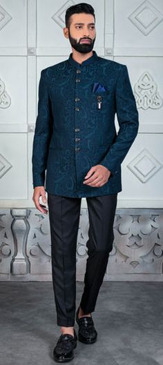 Blue color Jodhpuri Suit in Rayon fabric with Weaving work Unstitched Traditional Wear With Printed Motifs For Reception, Blue Semi-stitched Lawn Suit For Reception, Blue Traditional Wear With Printed Motifs, Blue Lawn Suit For Reception On Eid, Traditional Nehru Jacket With Printed Motifs For Wedding, Festive Blue Lawn Suit For Reception, Traditional Blue Bandhgala With Resham Embroidery, Blue Semi-stitched Traditional Wear For Formal Occasions, Blue Nehru Jacket For Reception With Traditional Drape