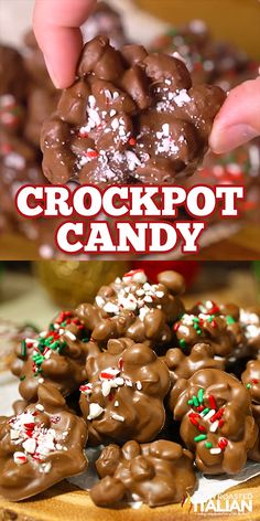 Crockpot Candy is the easiest and most impressive homemade candy ever. A rich chocolaty, peanutty 4 ingredient recipe that you simply toss in the slow cooker, stir a few times and scoop it out. It doesn't get much easier than that! #Christmas #CrockpotCandy Crockpot Cookies, Crockpot Candy Recipes, Crockpot Desserts, Christmas Candy Crafts, Kue Macaroon, Crockpot Candy, Xmas Candy, Christmas Candies, Chirstmas Decor