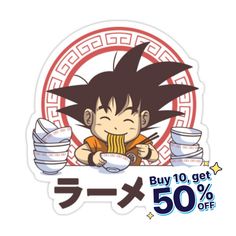 a sticker with an image of a boy eating food and the words buy 10 get 50 % off