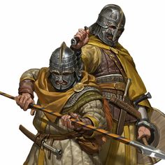 two men dressed in medieval armor holding swords