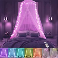 PRICES MAY VARY. 【2021 Brand New Color Changing Design】This princess bed Canopy is an updated design in 2021. There are 100 LED star lights with 16 single solid colors and 8 solid two-color options and 7 dynamic multicolor modes. Pink for princess, blue for Brave knight, purple for queen, multi-color for Christmas party decor etc. 【Gift For Girls】This gift packaging starry bed canopy will surprise your girls and boys. There are 100 shining stars accompany you to sleep, which illuminates the bedr Light Pink Led Bedroom, Canopy Bed With Led Strip Lights, White Bed Canopy, Pink Bed Canopy, Bed Canopy With Lights, Led Star Lights, Princess Canopy Bed, Princess Canopy, Blue Bedroom Design