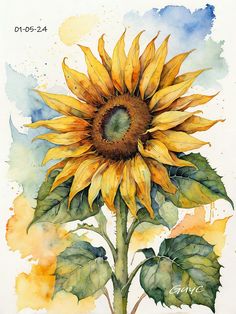 a watercolor painting of a sunflower with green leaves