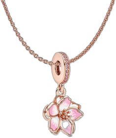 Rose Gold Charm Necklaces With Flower Pendant, Pink Enamel Jewelry With Flower Charm, Rose Gold Flower Charm Necklaces, Pink Flower Charm Necklace With Flower Pendant, Rose Gold Charm Necklaces With Flower Shape And Charm, Pink Enamel Flower-shaped Jewelry, Pink Flower Charm Necklace, Rose Gold Enamel Charms Jewelry, Rose Gold Necklace For Spring Gift