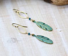 Brass feather earrings with beads, long bohemian dangles, green patina Earrings With Beads, Jewerly Making, Green Patina, Earrings Inspiration, Greenville Sc, Vibrant Green, Brass Jewelry, Feather Earrings, Diy Earrings