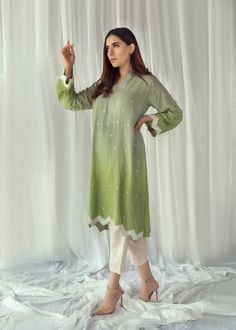 Green Ombre Kurta – Purple Haze Design Studio Embroidered Cotton Silk Kurta For Summer, Summer Embroidered Cotton Silk Kurta, Cotton Silk Kurta With Embroidered Sleeves, Eid Cotton Silk Kurta With Embroidered Sleeves, Eid Cotton Silk Tops With Resham Embroidery, Long Sleeve Cotton Silk Kurta With Embroidered Sleeves, Designer Green Kurta With Embroidered Sleeves, Summer Cotton Silk Kurta With Mirror Work, Spring Designer Cotton Silk Kurta