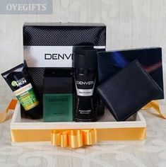 Denver Deodorant Body Spray 150ml & Eau de Perfume 60ml Wooden Square Tray 10x9 Inches Approx. Garnier Men Power White Fairness Moisturiser 45gms Black Men Wallet. #onlineGifts #SendGifts  #Gifts Fathers Day Hampers, Online Birthday Gifts, Fathers Day Wishes, Gifts For Hubby, Men Wallet, Square Tray