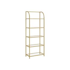 a gold metal shelf with three shelves on each side and two glass shelves in the middle