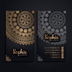 a black and gold business card with an ornate design on the front, side and back