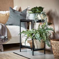 a living room filled with lots of plants next to a white bed and wooden floor