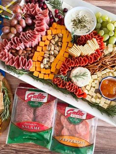 an assortment of meats and cheeses on a platter next to crackers