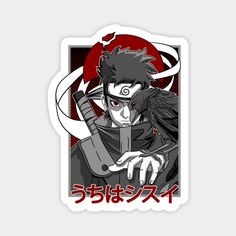 an anime sticker with the character naruta holding a knife and looking at it