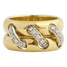 Unusual double gold band with three rows of diamonds that look as though they are laced through the gold. The ring is 3/8" wide. It is size 6 1/2; could be sized by an able jeweler. Gold Band With Diamonds, Capri Wedding, Diamond Band Rings, Band With Diamonds, Sapphire And Diamond Band, Multi Ring, Future Engagement Rings, Rings Rings, Jewelry Accessories Ideas