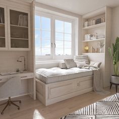 a room with a bed, desk and bookshelf next to a large window