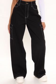 Available In Black. Wide Leg Utility Jean Contrast Stitching Non Stretch Denim 32" Inseam 23" Leg Opening 11.5" High Rise 70% Cotton 30% Polyester Imported Black Straight Leg Bottoms With Seam Detailing, Black Cargo Pants With Contrast Stitching For Streetwear, Black Jeans With Contrast Stitching, Black Wide Leg Cargo Jeans For Work, Black Mid-rise Jeans With Contrast Stitching, Fitted Black Jeans With Contrast Stitching, High Rise Black Cotton Cargo Pants, Black High-rise Cotton Cargo Pants, Black Straight Leg Jeans With Contrast Stitching